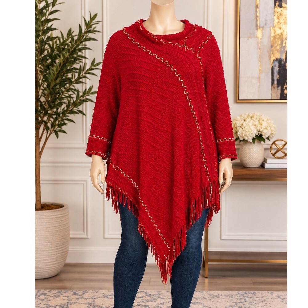 Anna Morgan Women Poncho Red Knit Gold Metallic Trim Fringe One Size